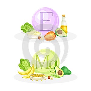 Products ontaining Vitamin E and Magnesium with Legume, Fatty Oil, Banana and Greenery Vector Composition Set
