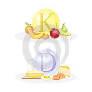 Products ontaining Vitamin K and D with Fruit and Dairy Food Vector Composition Set