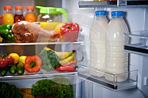 Products in the refrigerator. Bottles of milk in the fridge