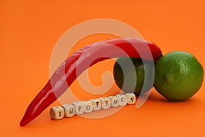 Products symbolizing male sexual organ and word IMPOTENCY on orange background photo