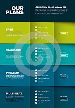 Products versions feature and price list table