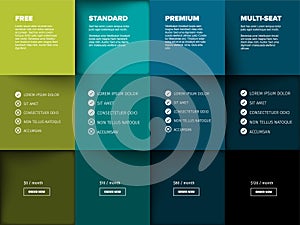 Products versions feature and price list table