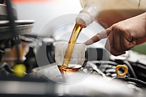 Profecional car mechanic changing motor oil in automobile engine at maintenance repair service station in a car workshop