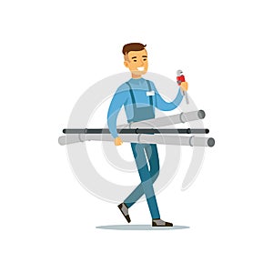 Profesional plumber man character walking with pipes and monkey wrench, plumbing work vector Illustration
