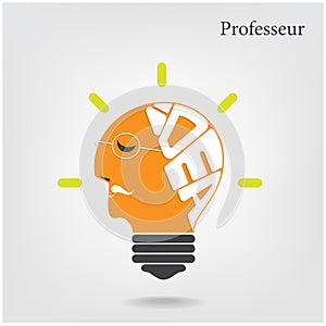 Professeur or old scientist sign.Creative light bulb and education or business idea concepts