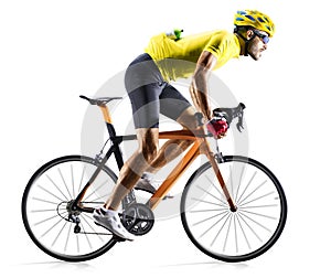 Professinal road bicycle racer isolated in motion on white