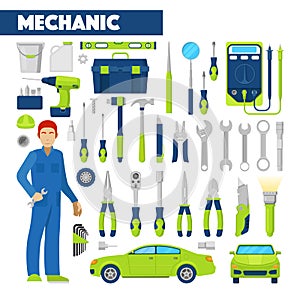 Profession Auto Mechanic Icons Set with Tools for Car Repairs