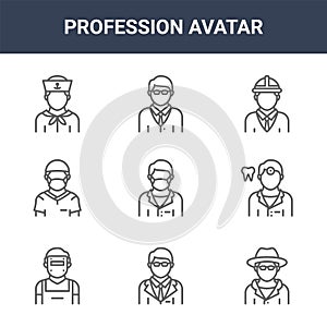 9 profession avatar icons pack. trendy profession avatar icons on white background. thin outline line icons such as detective,