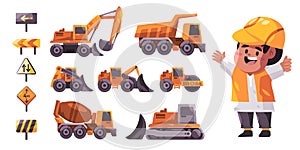 Profession boy cartoon bulldozer loader shovel builder construction mining vehicle truck set excavation illustration