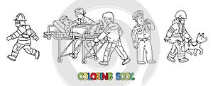 Profession coloring book set. Policeman, paramedics rescuer and fiteman photo