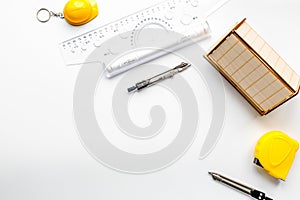 Profession concept with architect desk and tools white background top view mock-up