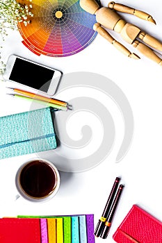 Profession concept with designer tools on work desk background top view mockup