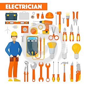 Profession Electrician Icons Set with Voltmeter and Tools photo