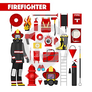 Profession Firefighter Icons Set with Firefighters Equipment