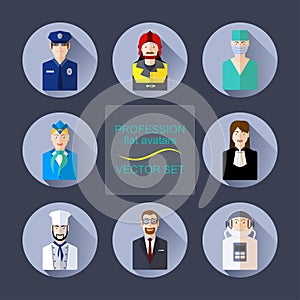 Profession flat avatars with shadows vector set. Various professions icon set.
