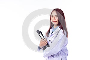 Profession healthcare people and medicine concept. Beautiful portrait friendly asian female doctor or nurse smiling with