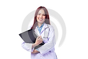 Profession healthcare people and medicine concept. Beautiful portrait friendly asian female doctor or nurse smiling with