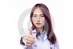 Profession healthcare people and medicine concept. Beautiful portrait friendly asian female doctor or nurse smiling and showing