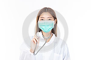 Profession healthcare people and medicine concept. Beautiful portrait friendly asian female doctor or nurse wearing mask at