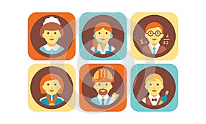 Profession icons set, waitress, teacher, scientist, athlete, engineer, waiter working people vector Illustration on a