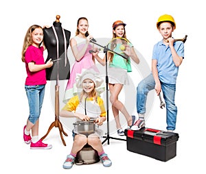 Profession and Job Occupation, Children Group in Professional Costumes, Kids on White photo