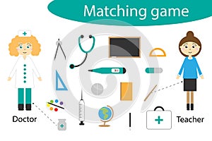 Profession matching game for children, connect things with need profession, preschool worksheet activity for kids, task