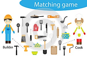 Profession matching game for children, connect things with need profession, preschool worksheet activity for kids, task