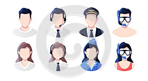 Profession, occupation people avatars set. Support, pilot, stewardess, vacationers. Profile picture icons. Male and female faces.