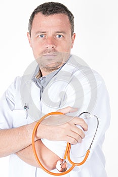 Profession, people and medicine concept smart doctor standing arms crossed and carrying stethoscope