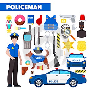 Profession Policeman Icons Set with Police Car and Handcuffs