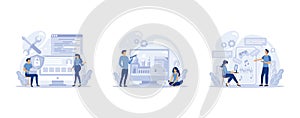 IT profession set. Programmer write software and create code for computer. Coding script for project and app, set flat vector