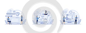 IT profession set. Programmer write software and create code for computer. Coding script for project and app, set flat vector