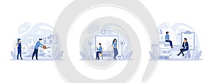 IT profession set. Programmer write software and create code for computer. Coding script for project and app, set flat vector