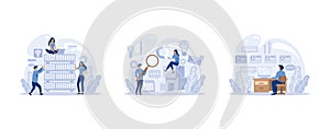 IT profession set. Programmer write software and create code for computer. Coding script for project and app, set flat vector