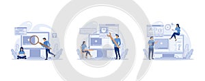 IT profession set. Programmer write software and create code for computer. Coding script for project and app, set flat vector