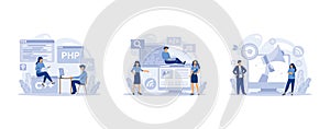 IT profession set. Programmer write software and create code for computer. Coding script for project and app, set flat vector
