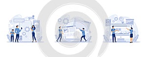 IT profession set. Programmer write software and create code for computer. Coding script for project and app, set flat vector