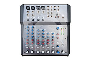 A professional 8-input sound mixer with many adjustments and knob switches, isolated on a white background with a clipping path.