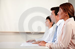 Professional adult business team listening meeting