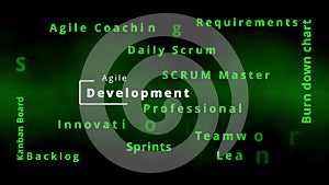 Professional agile development word cloud with agility terms tag cloud for SCRUM masters and agile coaches for processes in backlo