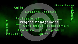 Professional agile Project management word cloud and tag cloud with recommended methods and advices to improve processes agility