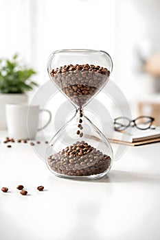 Vertical Shot Of Hourglass With Coffee Beans On Modern Desk With Eyeglasses And Cup For Social Media Marketing