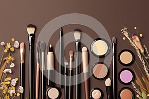 Professional allure Top view of cosmetics for makeup on brown