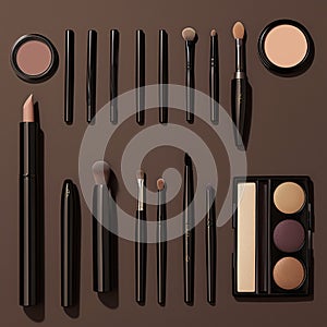 Professional allure Top view of cosmetics for makeup on brown