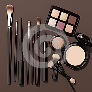 Professional allure Top view of cosmetics for makeup on brown