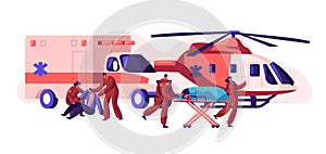 Professional Ambulance Team Care your Health. Fast Transport, Copter and Car Healthcare Character from Accident