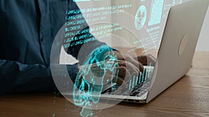 Professional analysis of business data with advanced analytics interface on laptop, emphasizing technology and modern