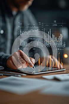 Professional analyzes data on tablet with visual graphs and interactive analytics