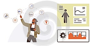 Professional analyzing smart technology and data systems for efficient connectivity management