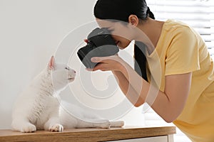 Professional animal photographer taking picture of white cat indoors